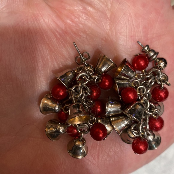 Silver Bells w/red berries pierced dangle earrings!  EUC! - Picture 5 of 6